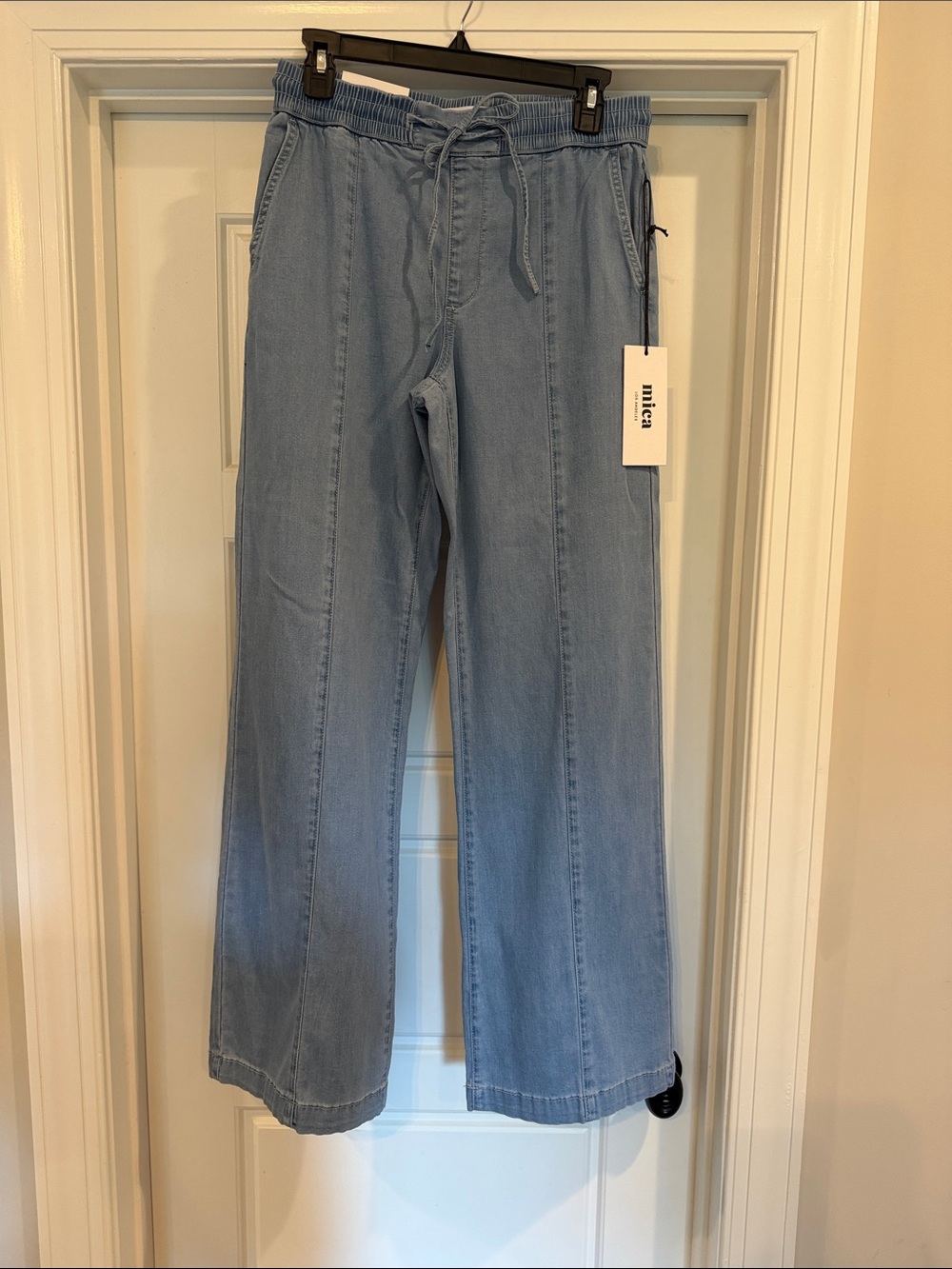 mica light blue wide-leg jogger denim pants with drawstring waist